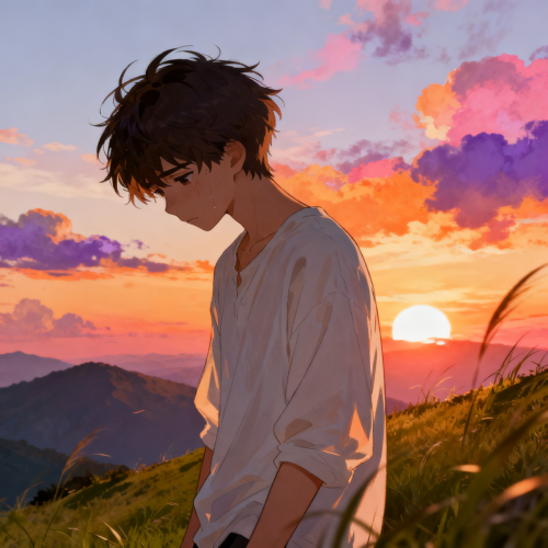 Lonely Anime Boy Sunset Wallpaper