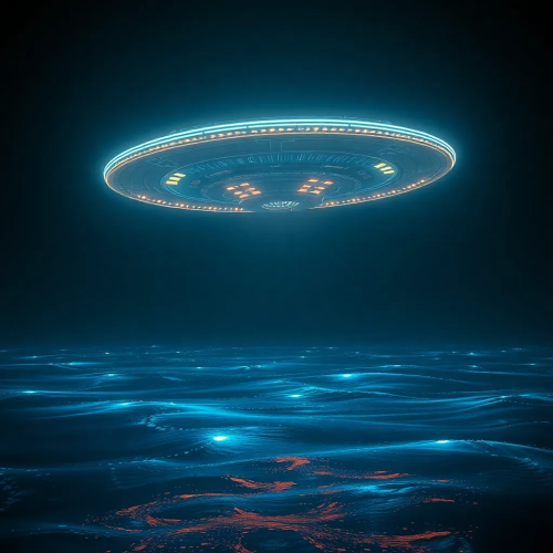 Glowing Alien Ocean with Hovering Starship