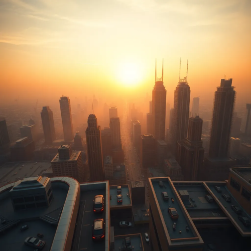 Futuristic Megacity at Golden Sunset