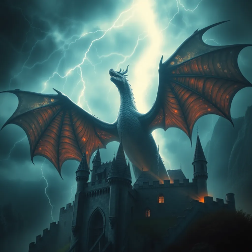 Dragon Circling a Castle in Stormlight