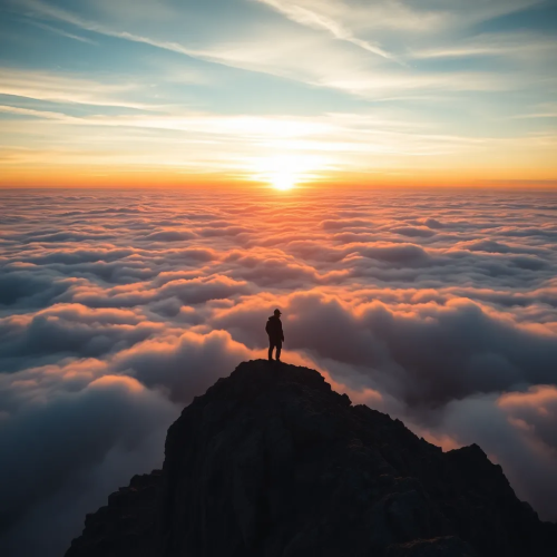Lone Traveler Above the Clouds at Sunrise