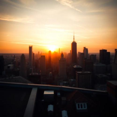 : Rooftop View Over City at Sunset