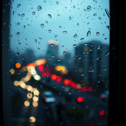 Rainy City Lights Through Glass