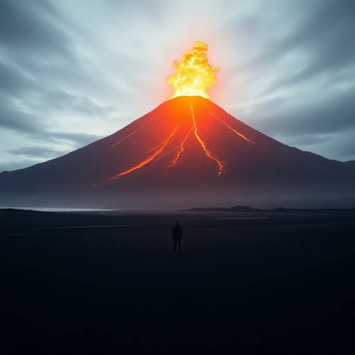 Lone Figure Before Erupting Volcano